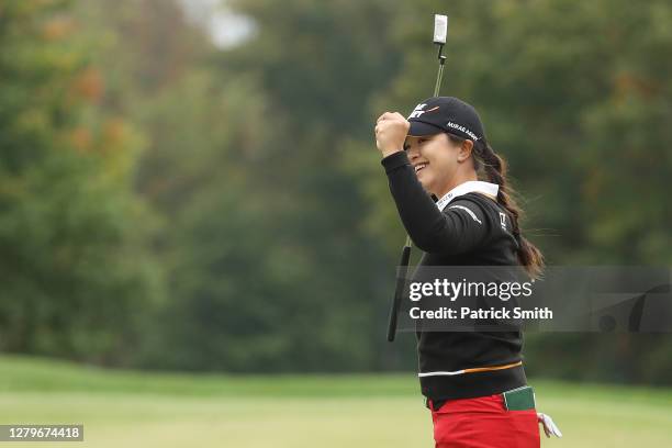 Sei Young Kim of Korea celebrates on the 18th green after winning the 2020 KPMG Women's PGA Championship at Aronimink Golf Club on October 11, 2020...