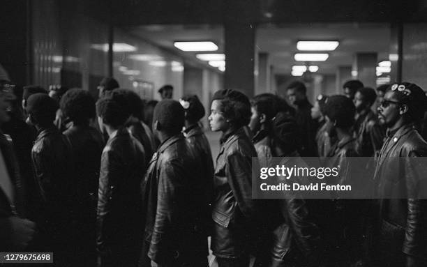 Members of the Black Panther party stand in line in the lobby of the New York County Criminal Court , New York, New York, April 11, 1969. The...