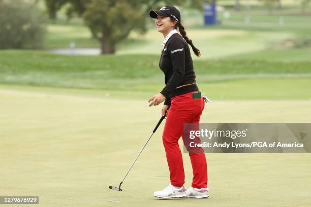 Sei Young Kim of Korea celebrates on the 18th green after winning the 2020 KPMG Women's PGA Championship at Aronimink Golf Club on October 11, 2020...