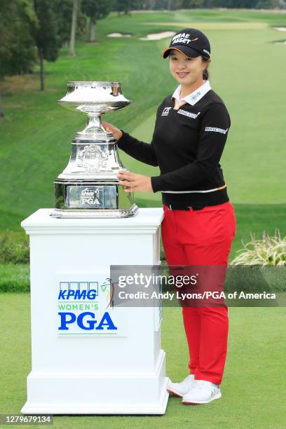 Sei Young Kim of Korea poses with the trophy after winning the 2020 KPMG Women's PGA Championship at Aronimink Golf Club on October 11, 2020 in...