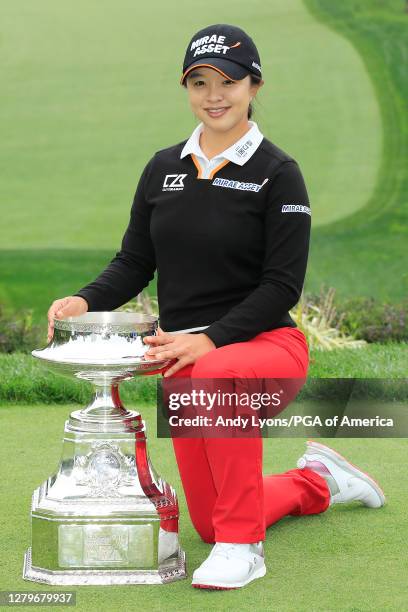 Sei Young Kim of Korea poses with the trophy after winning the 2020 KPMG Women's PGA Championship at Aronimink Golf Club on October 11, 2020 in...