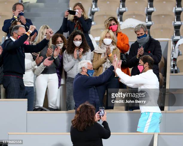 Rafael Nadal of Spain greeting his father Sebastian Nadal while his sister Maria Isabel Nadal, his wife Xisca Perello, his mother Ana Maria Parera,...