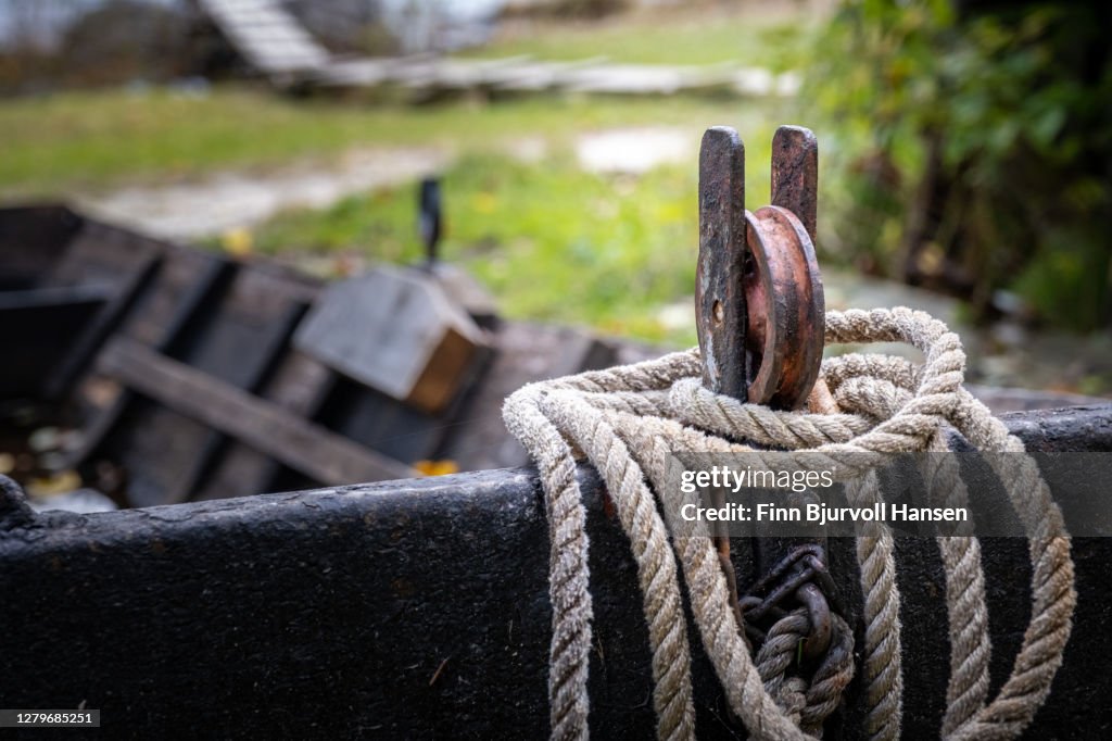 Detail on boat used for salmon fishing in Norway river