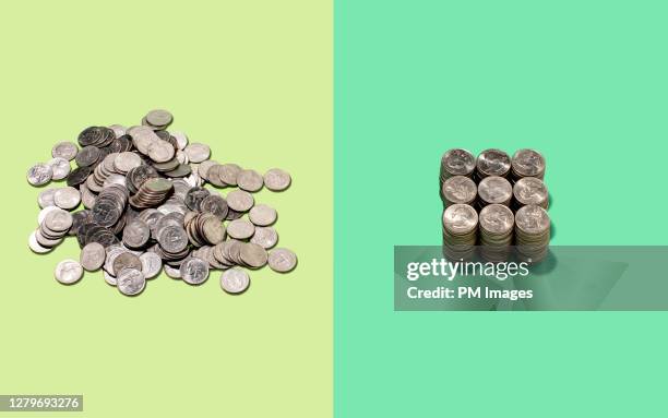 one messy and one neat pile of coins - organisation change stock pictures, royalty-free photos & images