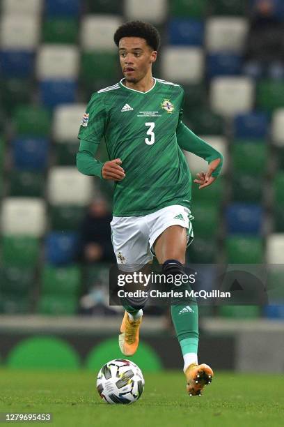 Jamal Lewis of Northern Ireland in action during the UEFA Nations League group stage match between Northern Ireland and Austria at Windsor Park on...