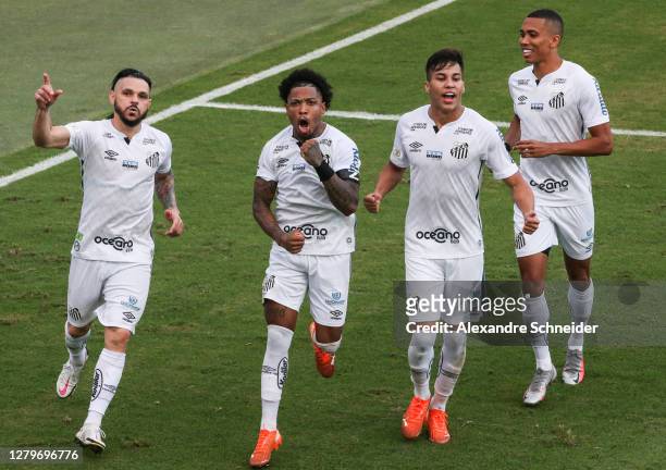 Marinho of Santos celebrates with his team mates after scoring the second goal of their team during the match between Santos and Gremio as part of...