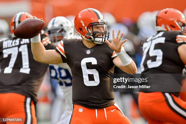 Baker Mayfield of the Cleveland Browns throws a pass in the first quarter against the Indianapolis Colts at FirstEnergy Stadium on October 11, 2020...