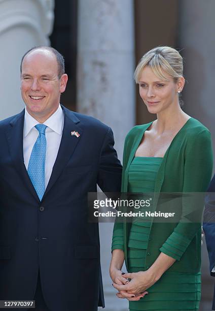 Prince Albert II of Monaco and Princess Charlene of Monaco posing for pictures during the state visit of president Of Croatia Ivo Josipovic At Monaco...