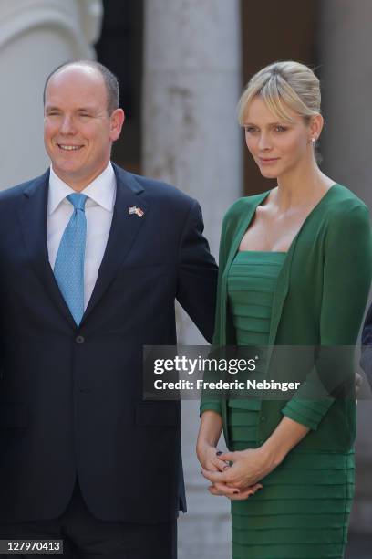 Prince Albert II of Monaco and Princess Charlene of Monaco posing for pictures during the state visit of president Of Croatia Ivo Josipovic At Monaco...