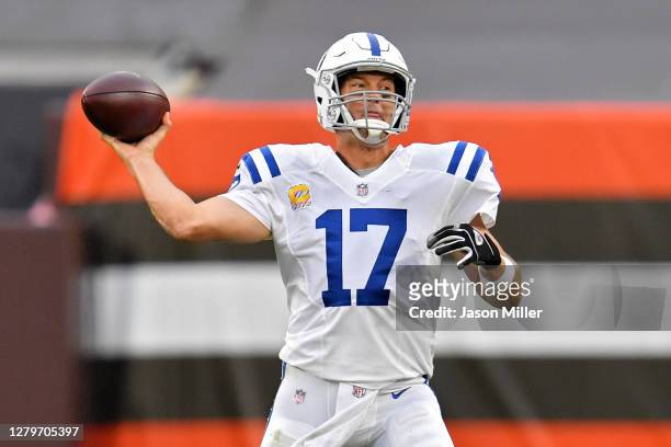Philip Rivers of the Indianapolis Colts throws a pass in the third quarter against the Cleveland Browns at FirstEnergy Stadium on October 11, 2020 in...