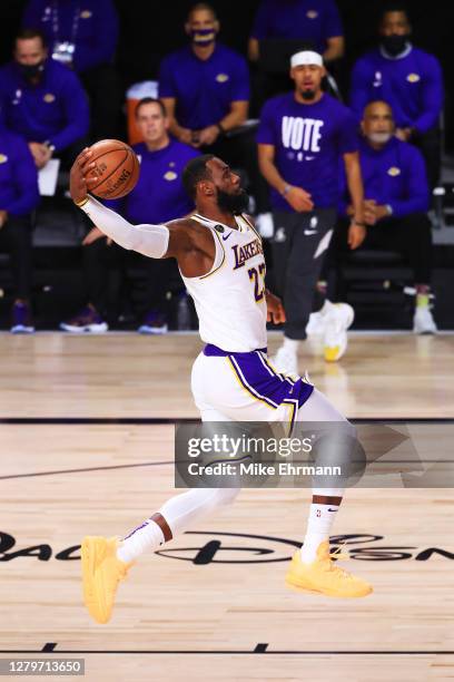 LeBron James of the Los Angeles Lakers drives to the basket during the first quarter against the Miami Heat in Game Six of the 2020 NBA Finals at...