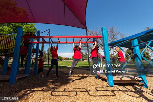 Prep students enjoy the schoolyard at Lysterfield Primary School on October 12, 2020 in Melbourne, Australia. All primary and high school students in...