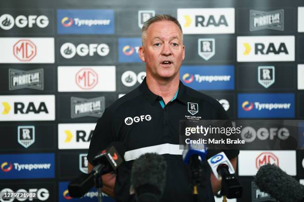 Matthew Richardson Executive General Manager, Port Adelaide Football Club speaks to media during a Port Adelaide Power AFL training session at...