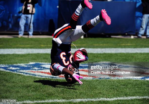Devin Hester of the Chicago Bears celebrates after returning a punt for a 69 yard touchdown against the Carolina Panthers at Soldier Field on October...