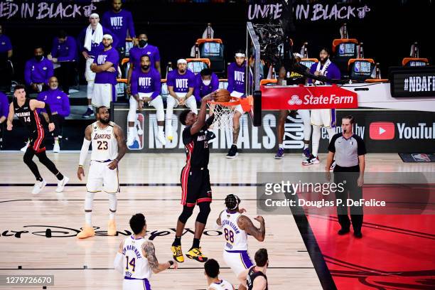 Bam Adebayo of the Miami Heat dunks the ball during the fourth quarter against the Los Angeles Lakers in Game Six of the 2020 NBA Finals at...