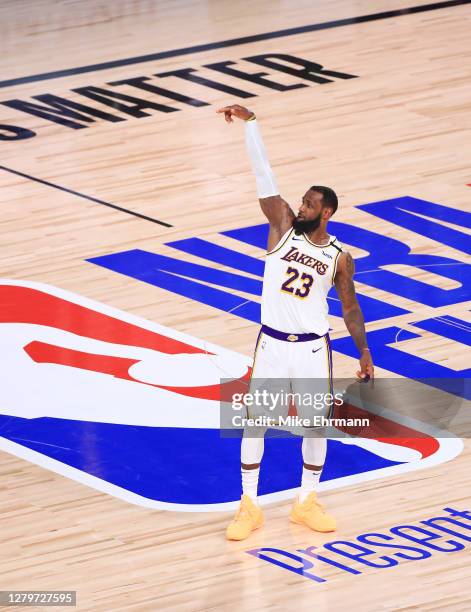 LeBron James of the Los Angeles Lakers reacts during the fourth quarter against the Miami Heat in Game Six of the 2020 NBA Finals at AdventHealth...