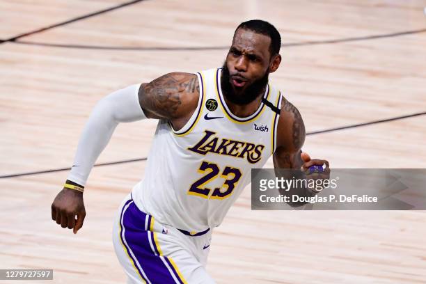 LeBron James of the Los Angeles Lakers reacts during the fourth quarter against the Miami Heat in Game Six of the 2020 NBA Finals at AdventHealth...