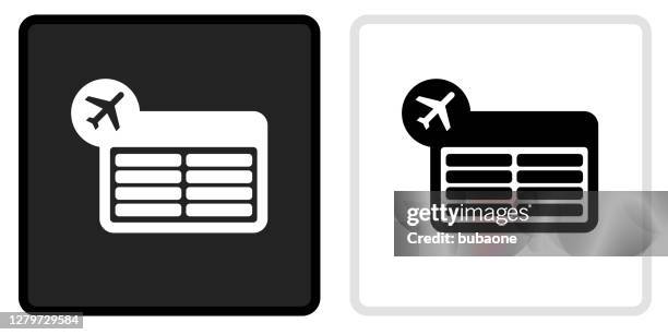 flight information icon on black button with white rollover - white render plane stock illustrations
