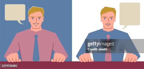 handsome young caucasian ethnicity businessman (manager, chairman, newscaster) is sitting at a table and talking with a facial expression of smile and seriousness; business meeting, conference, or interview - chairperson stock illustrations