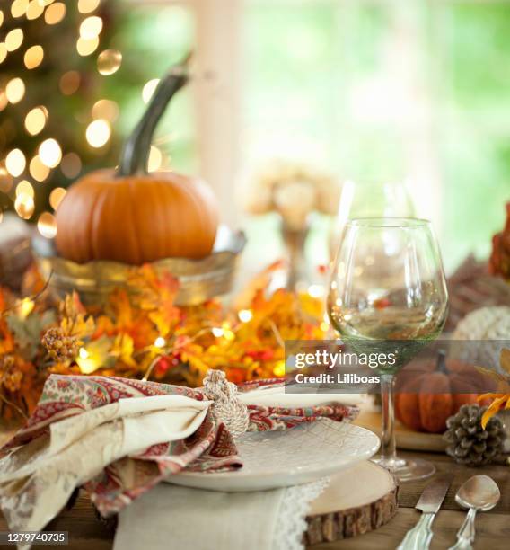 thanksgiving dining table - rustic dining room stock pictures, royalty-free photos & images