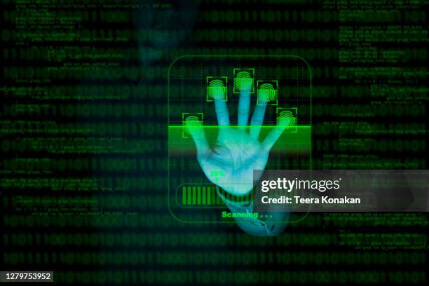 businessman fingerprint scan provides security access with biometrics identification and password control through fingerprints - biometrics stockfoto's en -beelden