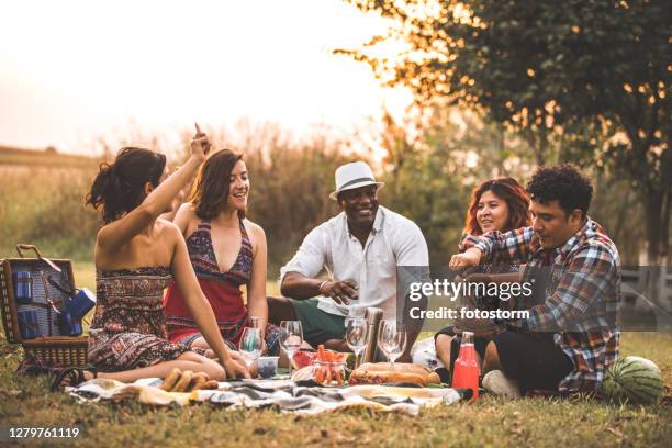 joyful friends sitting on the grass for a picnic - mexican picnic stock pictures, royalty-free photos & images
