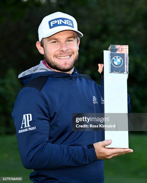 Tyrrell Hatton of England with the winners trophy after the final round of the BMW PGA Championship at Wentworth Golf Club on October 11, 2020 in...