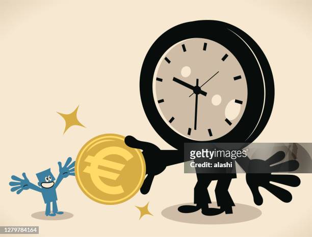 illustrazioni stock, clip art, cartoni animati e icone di tendenza di il gigantesco personaggio immaginario del tempo dà denaro a un uomo d'affari (valuta dell'unione europea, moneta simbolo dell'euro) - european union coin