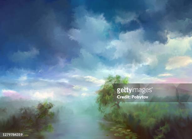 cloudy sky over the river in oil painting - willow tree stock illustrations