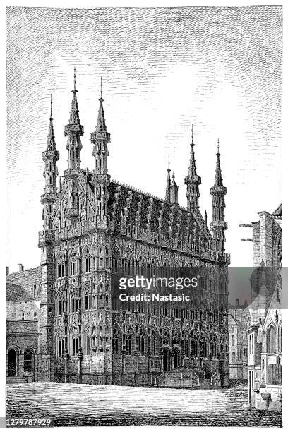 das rathaus von löwen, belgien, ist ein wahrzeichen des grote markts, gegenüber der monumentalen peterskirche im brabanischen spätgotischen stil zwischen 1448 und 1469. - belgische kultur stock-grafiken, -clipart, -cartoons und -symbole