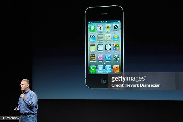 Apple's Senior Vice President of Worldwide product marketing Phil Schiller introduces the new iPhone 4s at the company’s headquarters October 4, 2011...