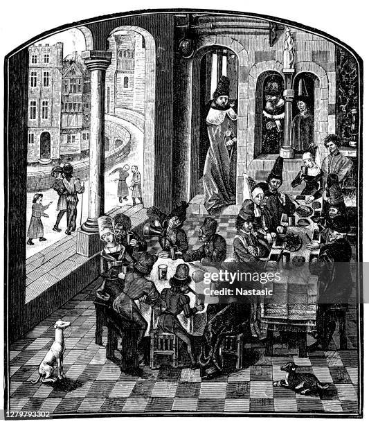 from the sociable life in the 2nd half of the 15th century - pub wall stock illustrations