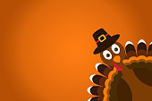 Cute Cartoon Turkey Pilgrim with hat on orange gradient background Thanksgiving poster.