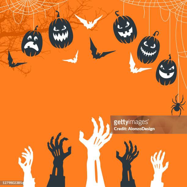 spooky halloween night. zombie hands background. - zombie hand stock illustrations