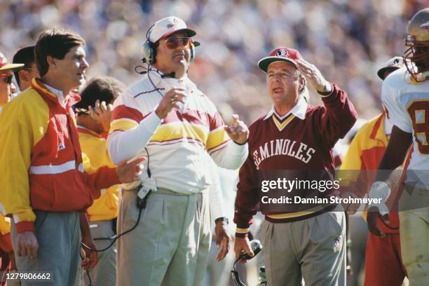 Bobby Bowden, Head Coach for the Florida State Seminoles with Brad Scott his offensive coordinator on the sideline during the NCAA Big Ten Conference...