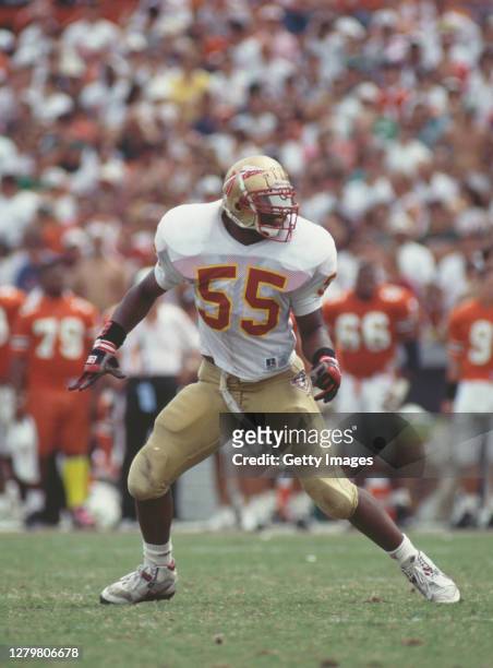 Marvin Jones, Linebacker for the Florida State Seminoles during the NCAA Big East Conference college football game against the University of Miami...