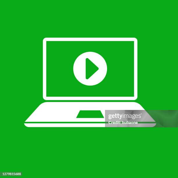 laptop computer with play button icon - white play button stock illustrations