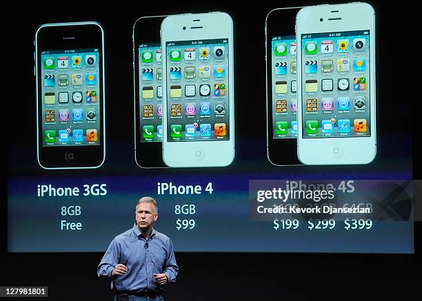 Apple's Senior Vice President of Worldwide product marketing Phil Schiller discusses the new iPhone 4s at the company’s headquarters October 4, 2011...
