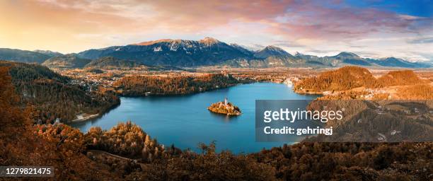 panoramic view of lake bled - hungary stock pictures, royalty-free photos & images