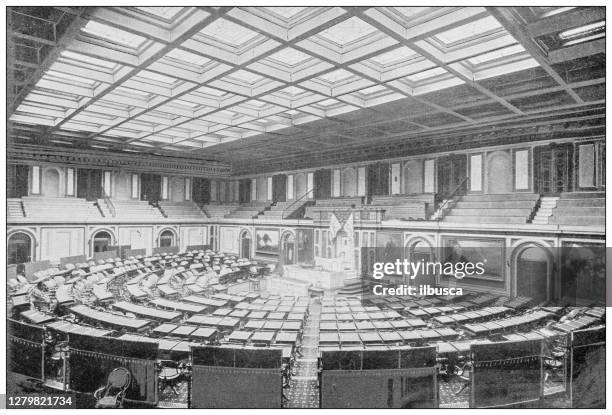 antique black and white photograph of washington, usa: hall of the house of representatives - congress interior stock illustrations