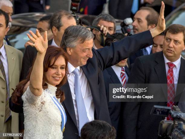 Argentinian President Cristina Fernandez de Kirchner and her huseband, former President, Nestor Kirchner greets supporters at the stairs of the...