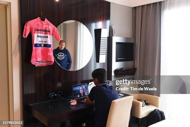 Joao Almeida of Portugal and Team Deceuninck - Quick-Step Pink Leader Jersey / Phil Lowe of The United Kingdom Press officer of Team Deceuninck -...