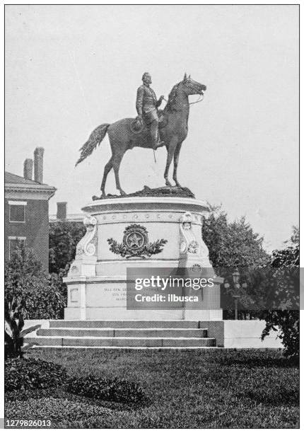 antique black and white photograph of washington, usa: equestrian statue of major general george h thomas - major general stock illustrations