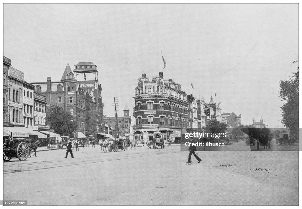 Antique black and white photograph of Washington, USA: Pennsylvania avenue and D street