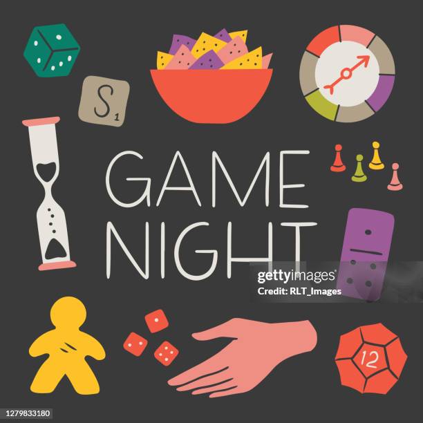 illustration of fun game night components with copy space — hand-drawn vector elements - game night leisure activity stock illustrations