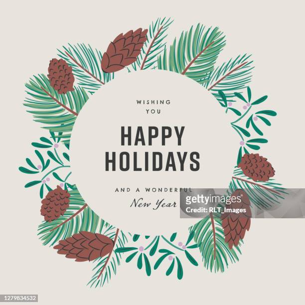 happy holidays design template with hand-drawn vector winter botanical graphics - pine cone stock illustrations