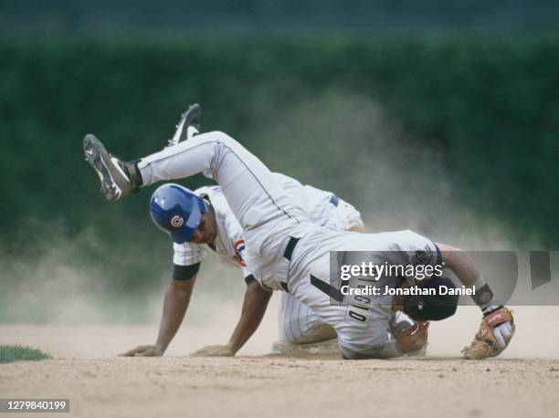 Craig Biggio, Second Baseman for the Houston Astros runs out Ozzie Timmons of the Chicago Cubs at second base during the Major League Baseball...