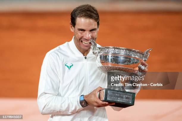 October 11. Rafael Nadal of Spain with the winners trophy after his victory against Novak Djokovic of Serbia in the Men's Singles Final on Court...