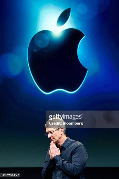 Tim Cook, chief executive officer of Apple Inc., speaks during an event at the company's headquarters in Cupertino, California, U.S., on Tuesday,...
