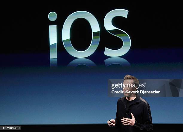 Apple's Senior Vice President of iOS Scott Forstall speaks at the event introducing the new iPhone 4s at the company's headquarters October 4, 2011...